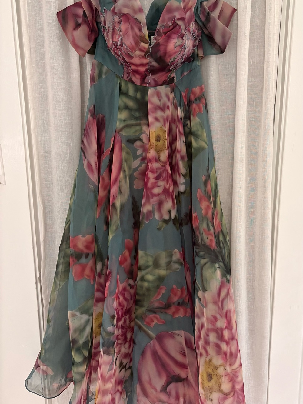 Floral Off-Shoulder Maxi Dress in Teal and Pink - Picture 3 of 5